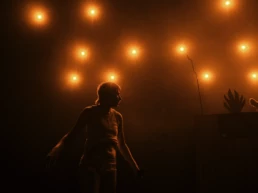 Elmer (Merel Pauw) performing at Cactus Muziekclub in Brugge, Belgium. Her silhouette is bathed in red stage lights, standing beneath a ceiling grid of glowing bulbs, holding a microphone in one hand. Photo by Marvin Anthony. P